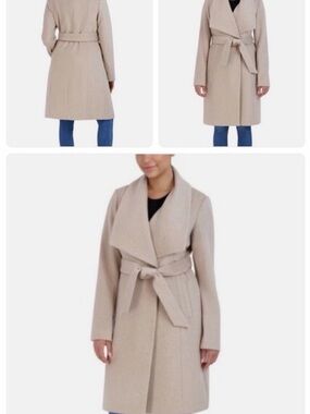 Cole Haan Neutral Beige Wrap Belted Wool-Blend Coat